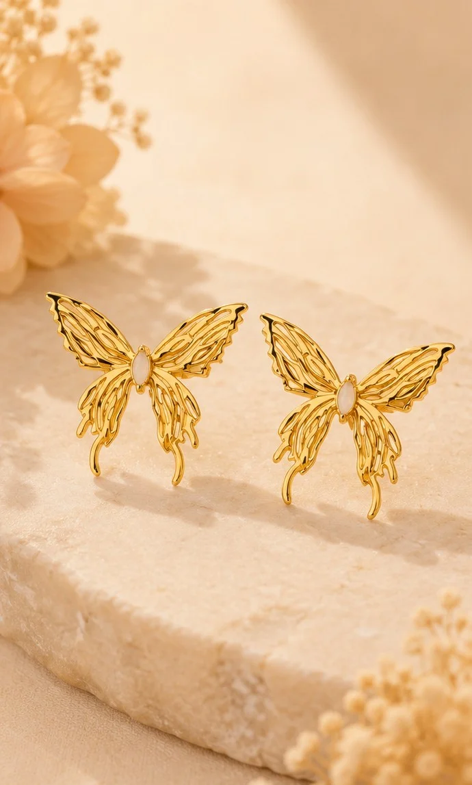 Gold Butterfly Stud Earrings with Stone