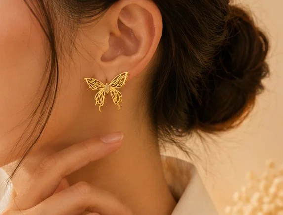 Gold Butterfly Stud Earrings with Stone