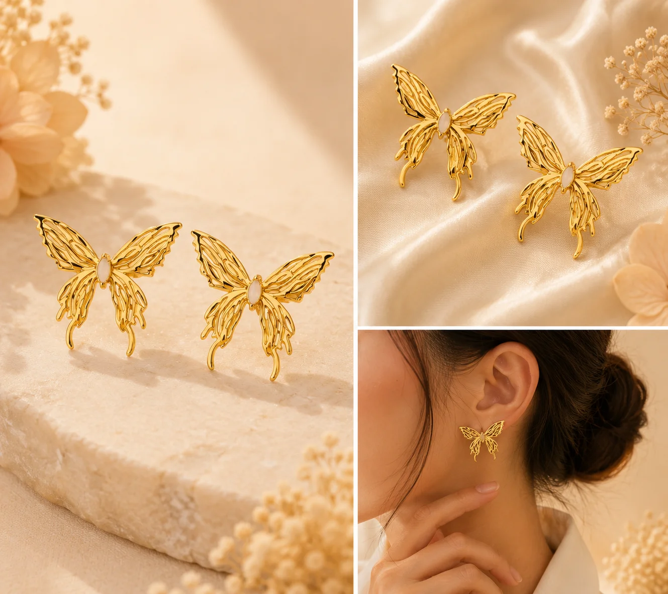 Gold Butterfly Stud Earrings with Stone