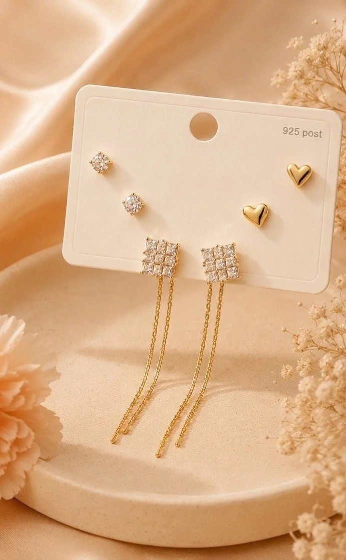 Gold CZ Tassel & Heart Stud 3pc Earring Set