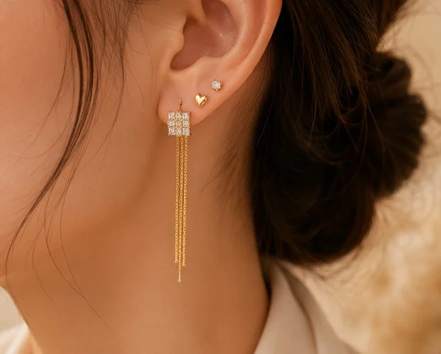 Gold CZ Tassel & Heart Stud 3pc Earring Set