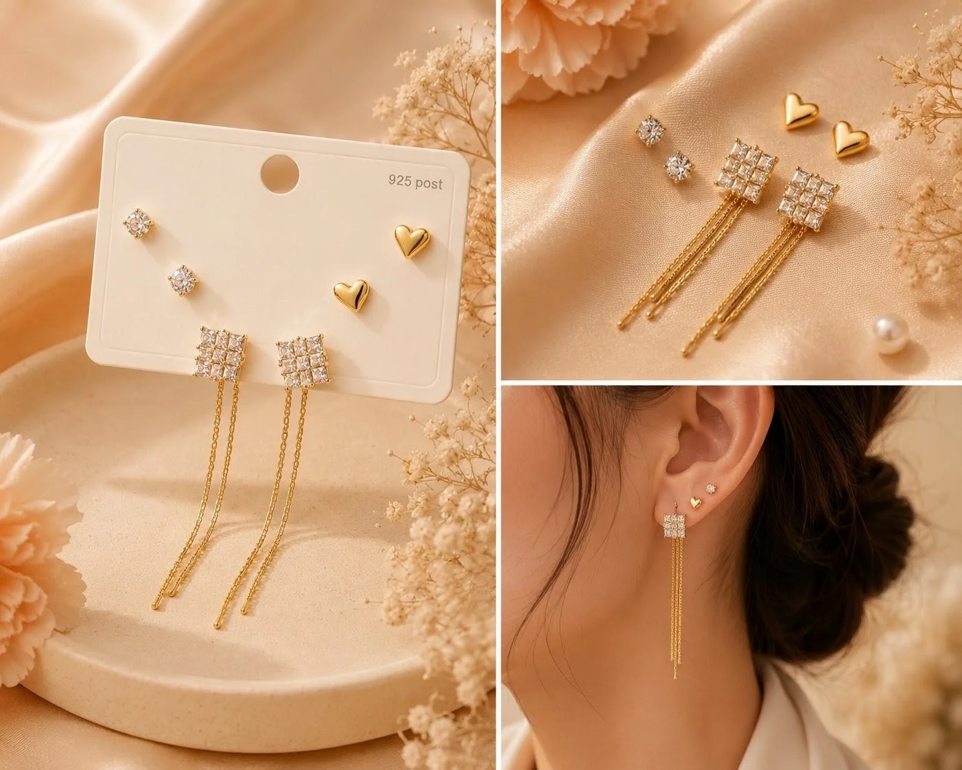Gold CZ Tassel & Heart Stud 3pc Earring Set