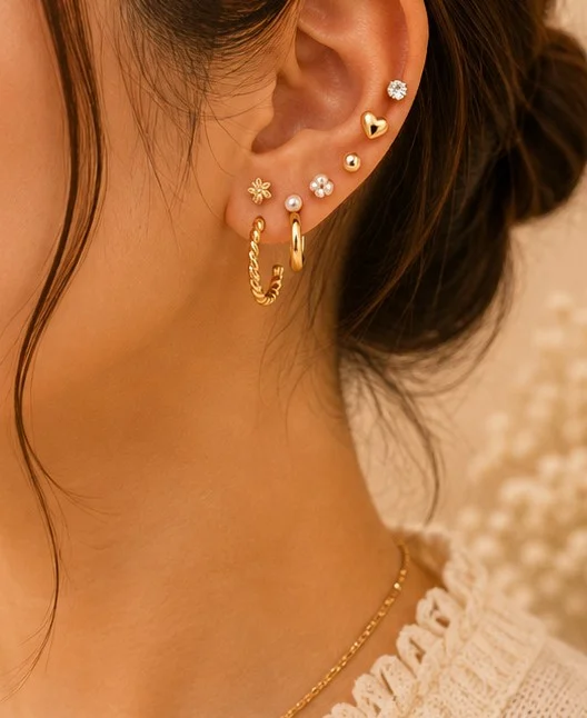 Gold Flower-Heart-Pearl-Hoop 9pc Stud Set