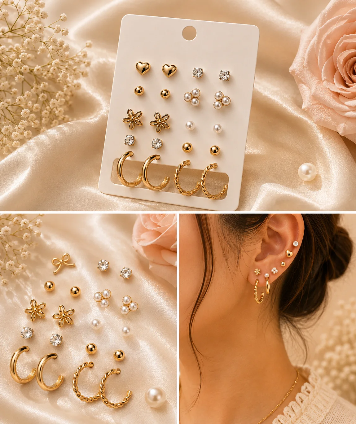 Gold Flower-Heart-Pearl-Hoop 9pc Stud Set