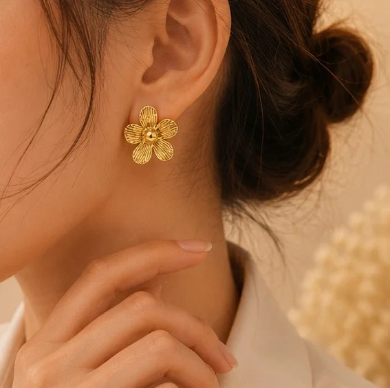 Gold Textured Flower Stud Earrings