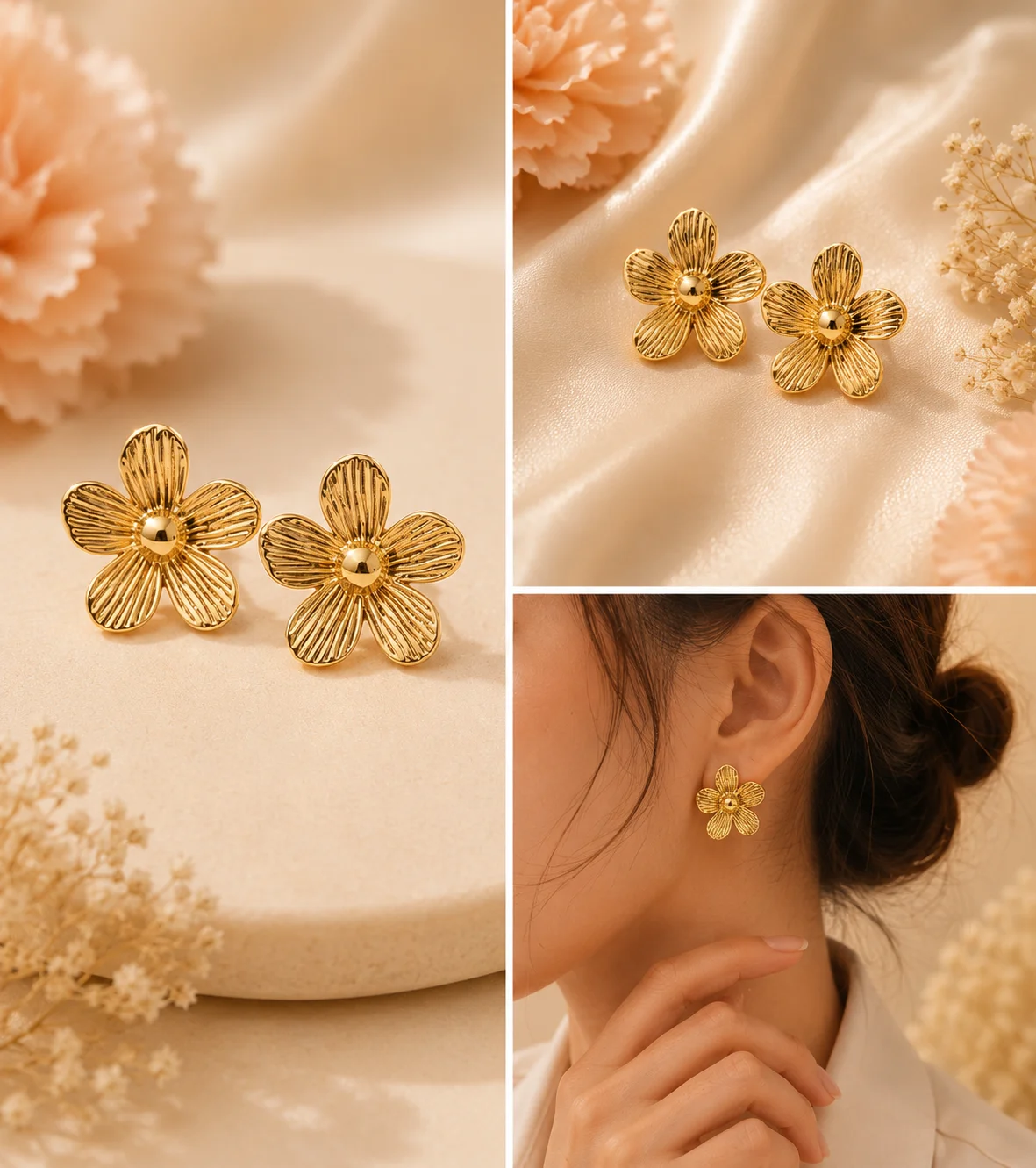 Gold Textured Flower Stud Earrings