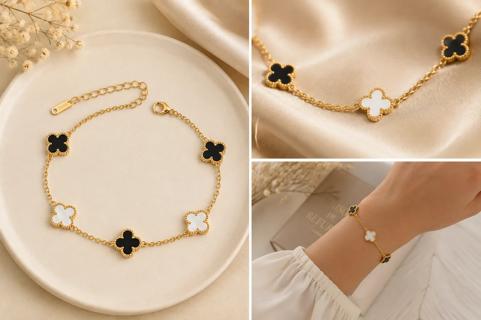 Lucky Four-Leaf Clover Bracelet - Noir & Blanc