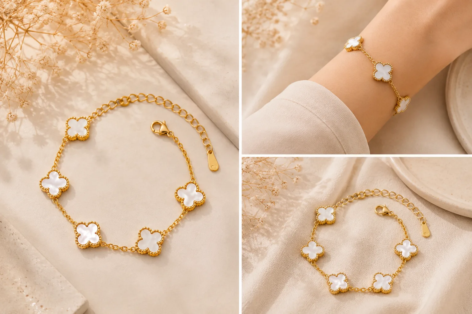 Lucky Four-Leaf Clover Bracelet - White Enamel