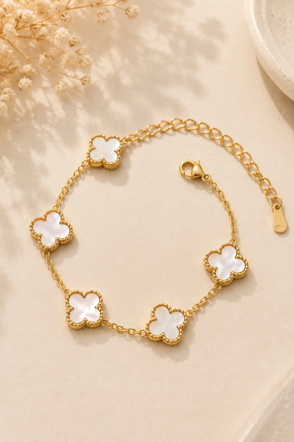 Lucky Four-Leaf Clover Bracelet - White Enamel