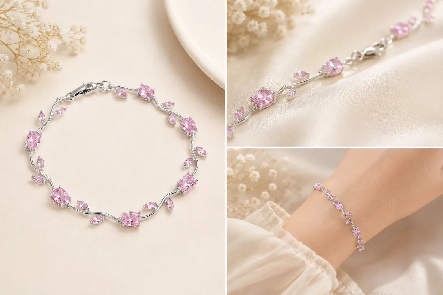 Tulip Crystal Vine Silver & Pink Bracelet