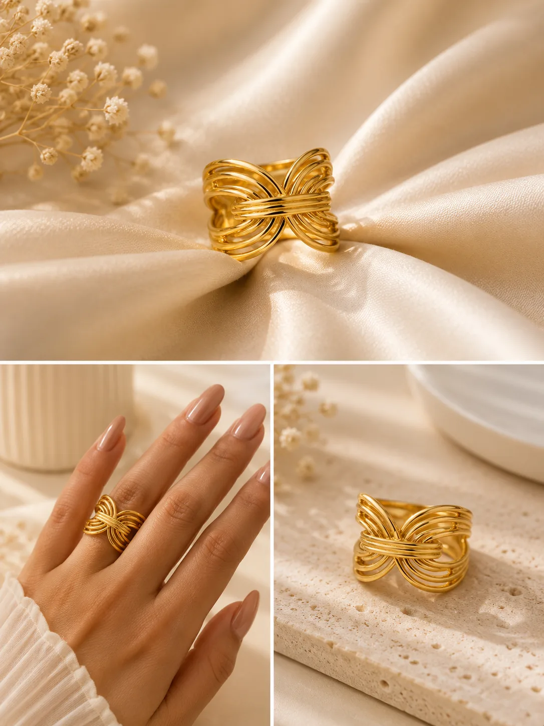 Golden Fluid Wave Ring